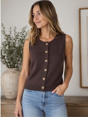 Magaschoni Dark Brown Button-Front Knit Sleeveless Top NWT
